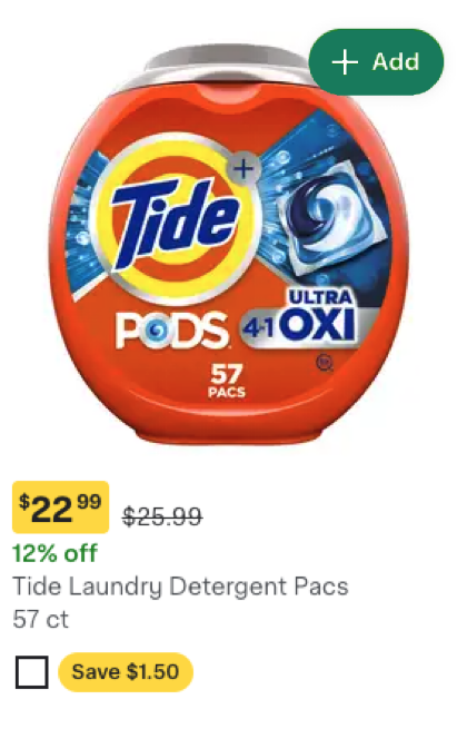 Shows an item tile for laundry detergent 57 pods with a highlighted sale price of $22.99, a strikethrough original price of $25.99, a 12% off label, and a Save $1.50 coupon pill.